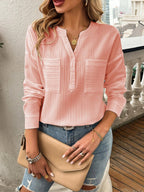 Devine Pocketed Notched Long Sleeve Blouse