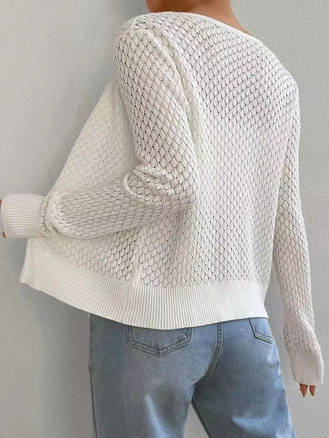 Tied Openwork V-Neck Long Sleeve Cardigan - felvior