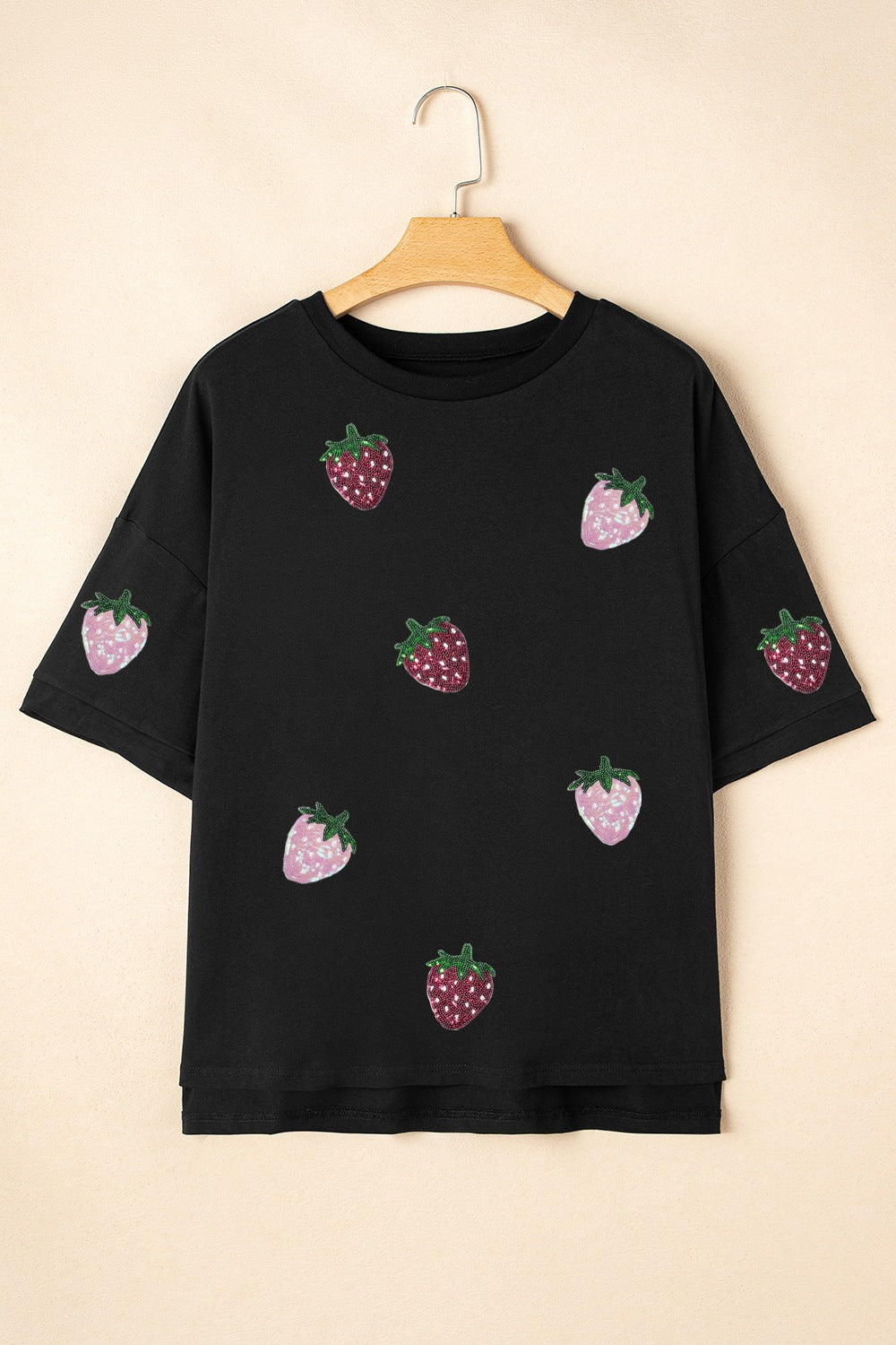 Sequin Strawberry High Low Half Sleeve Relaxed Fit T-Shirt