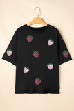 Sequin Strawberry High Low Half Sleeve Relaxed Fit T-Shirt