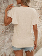 Eyelet Round Neck Flutter Sleeve Top