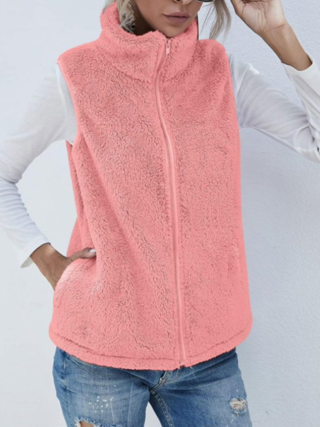 Full Size Fuzzy Zip Up Vest Coat with Pockets - felvior