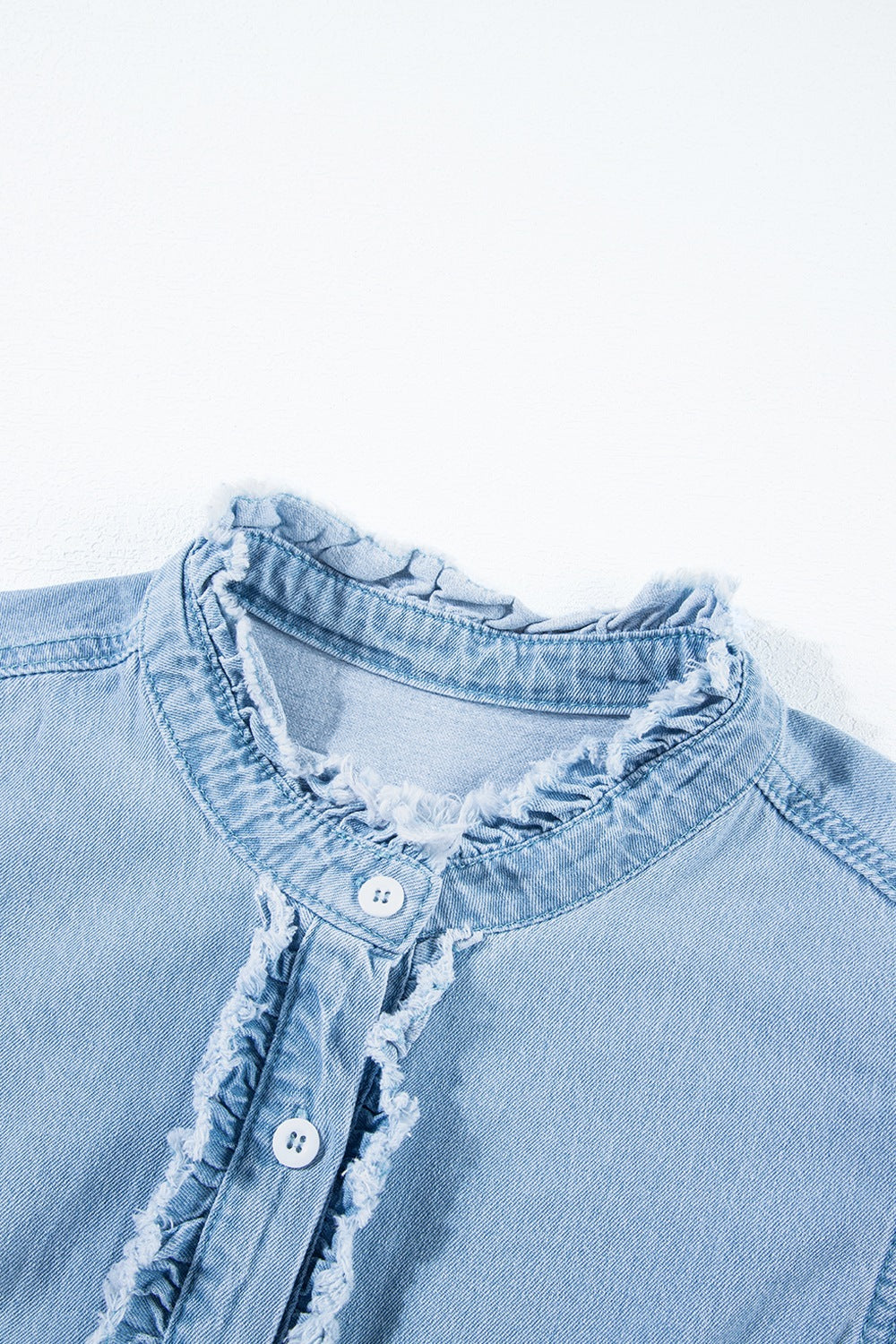 Button Down Raw Hem Ruffled Denim Shirt - felvior