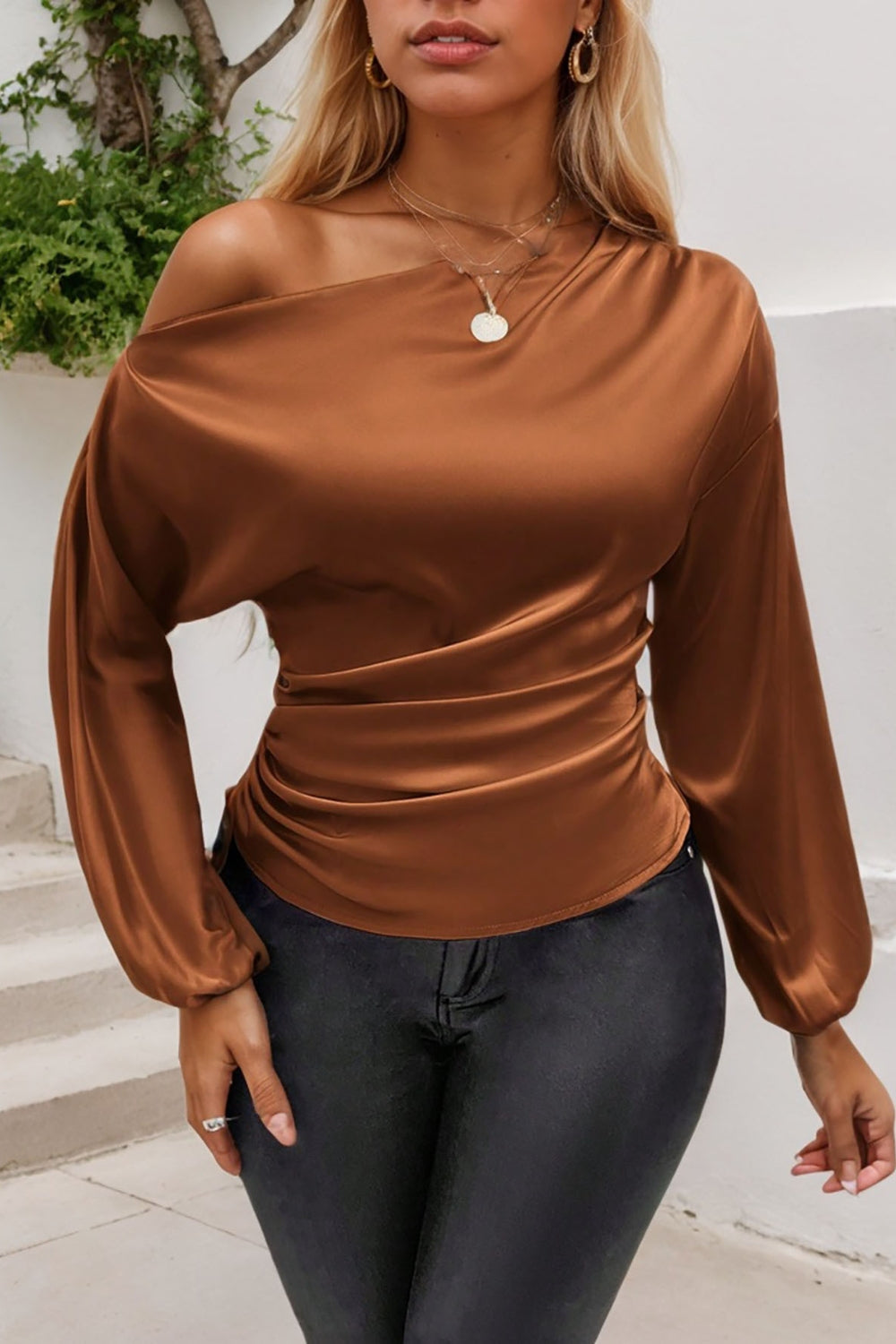Drawstring One Shoulder Long Sleeve Blouse - felvior