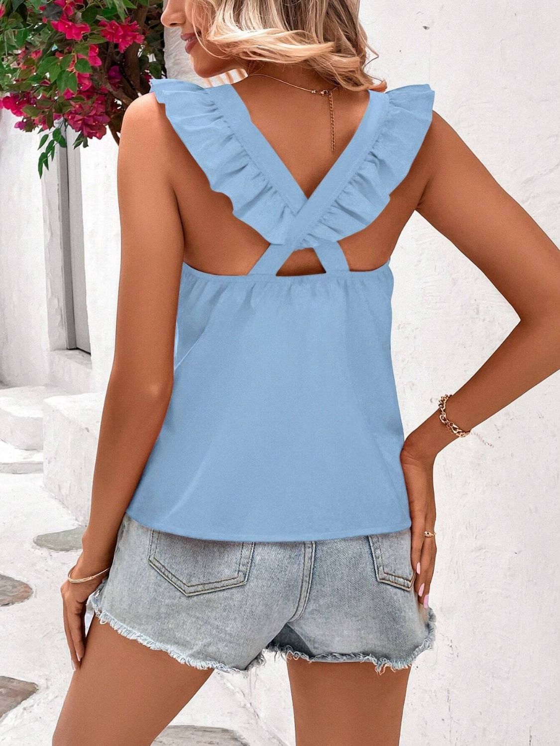 Crisscross Back Ruffled Round Neck Cap Sleeve Blouse - felvior