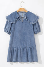 Ruffled Side Pockets Puff Sleeve Denim Mini Dress