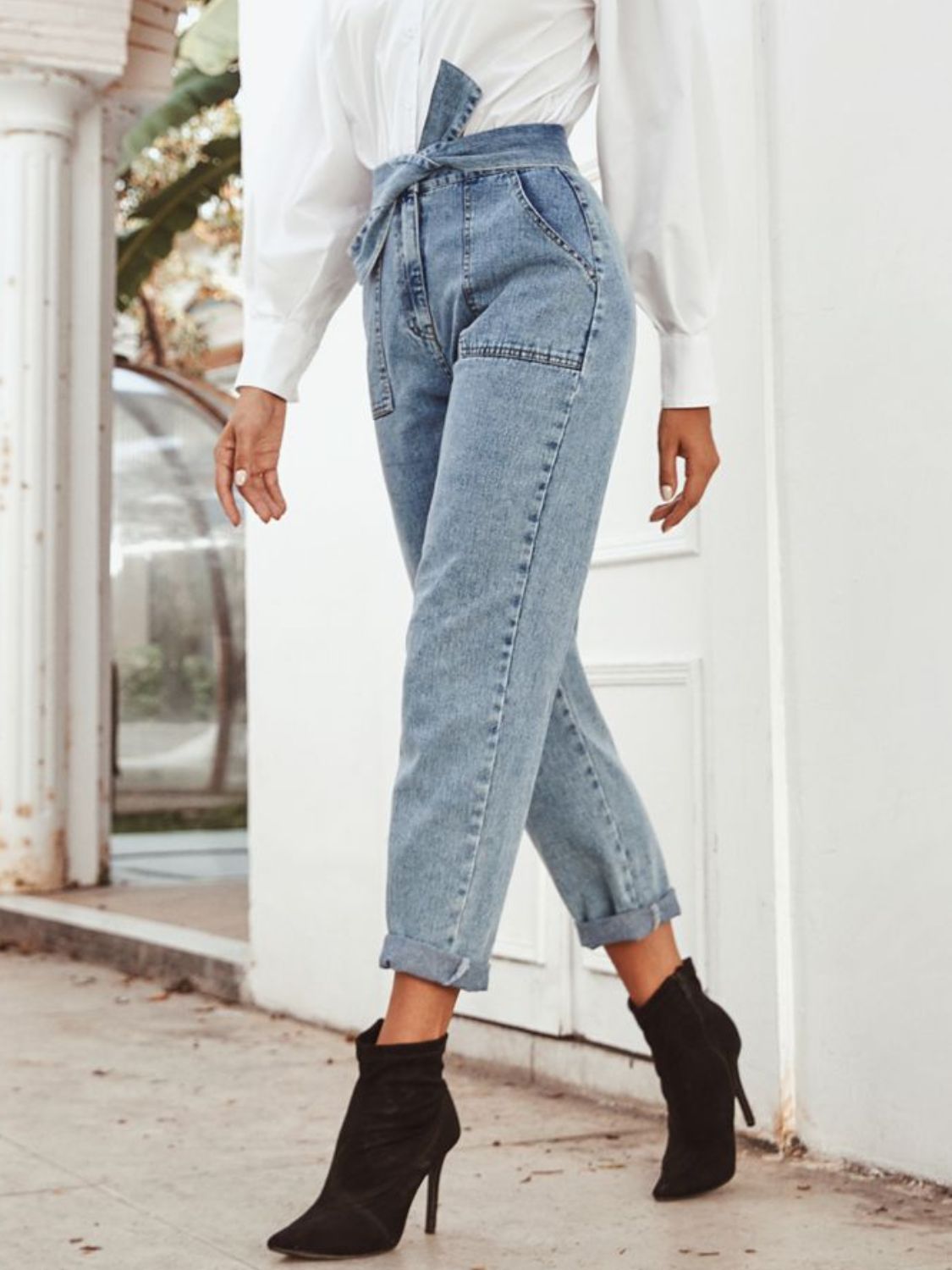 Tied Straight Leg Jeans with Pockets - felvior