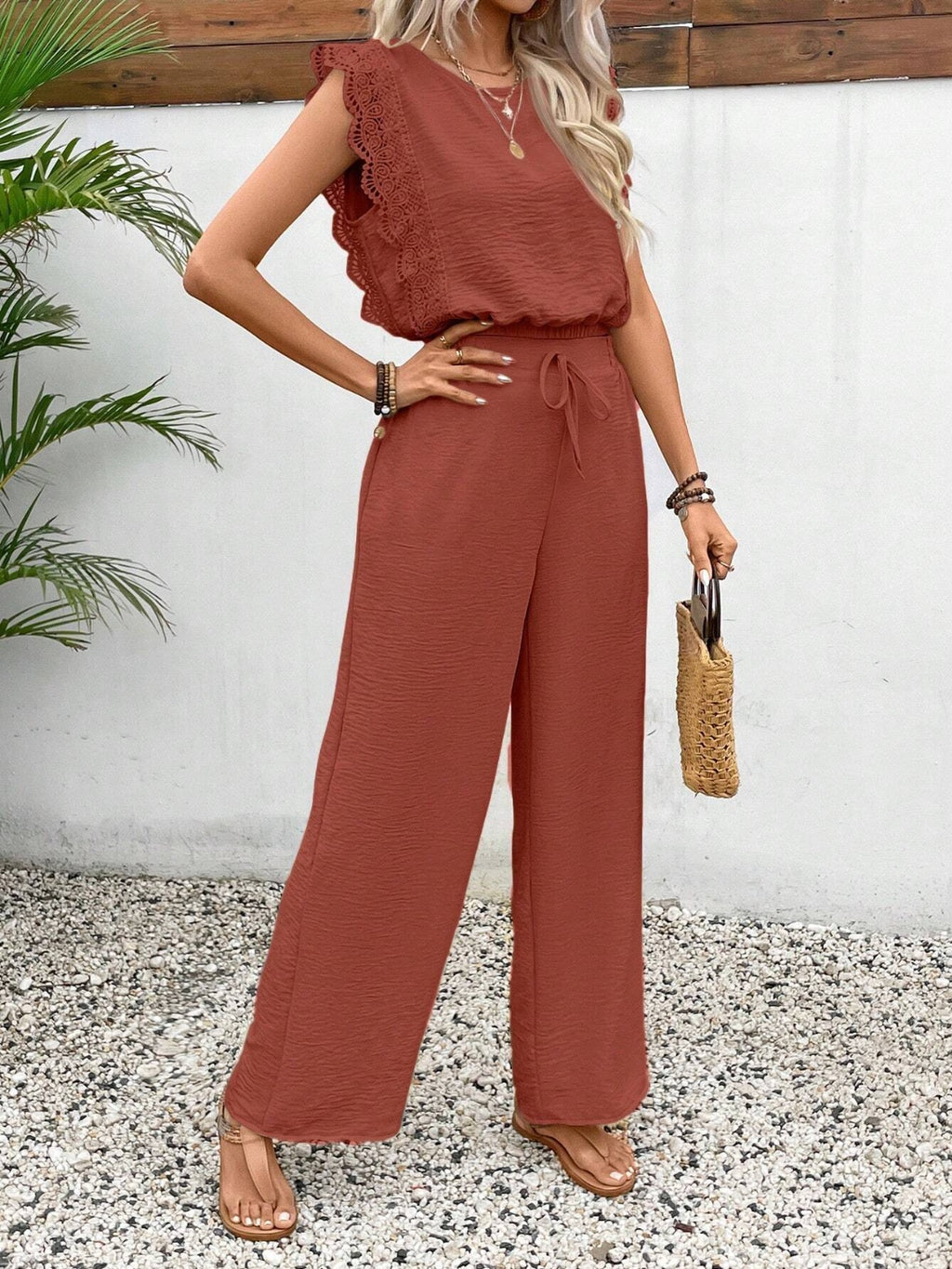 Lace Trim Round Neck Top and Pants Set