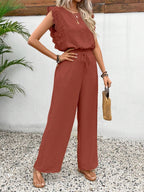 Lace Trim Round Neck Top and Pants Set