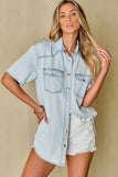 Slit Snap Down Short Sleeve Denim Top - felvior