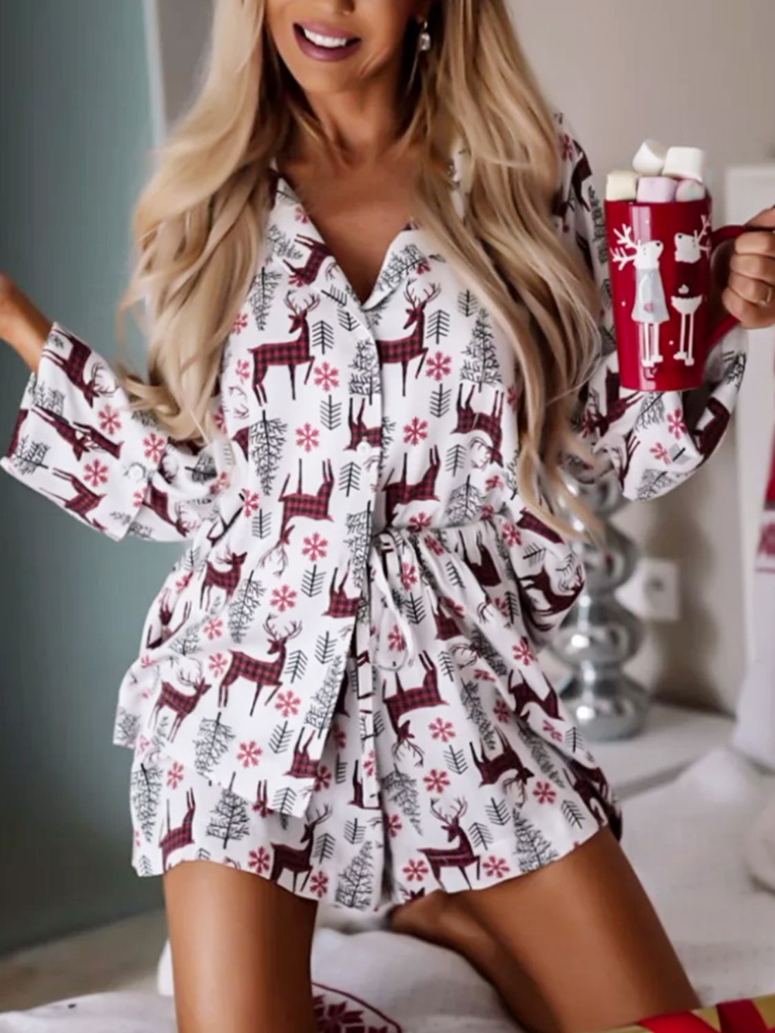 Printed Collared Neck Long Sleeve Top and Shorts Lounge Set Main image