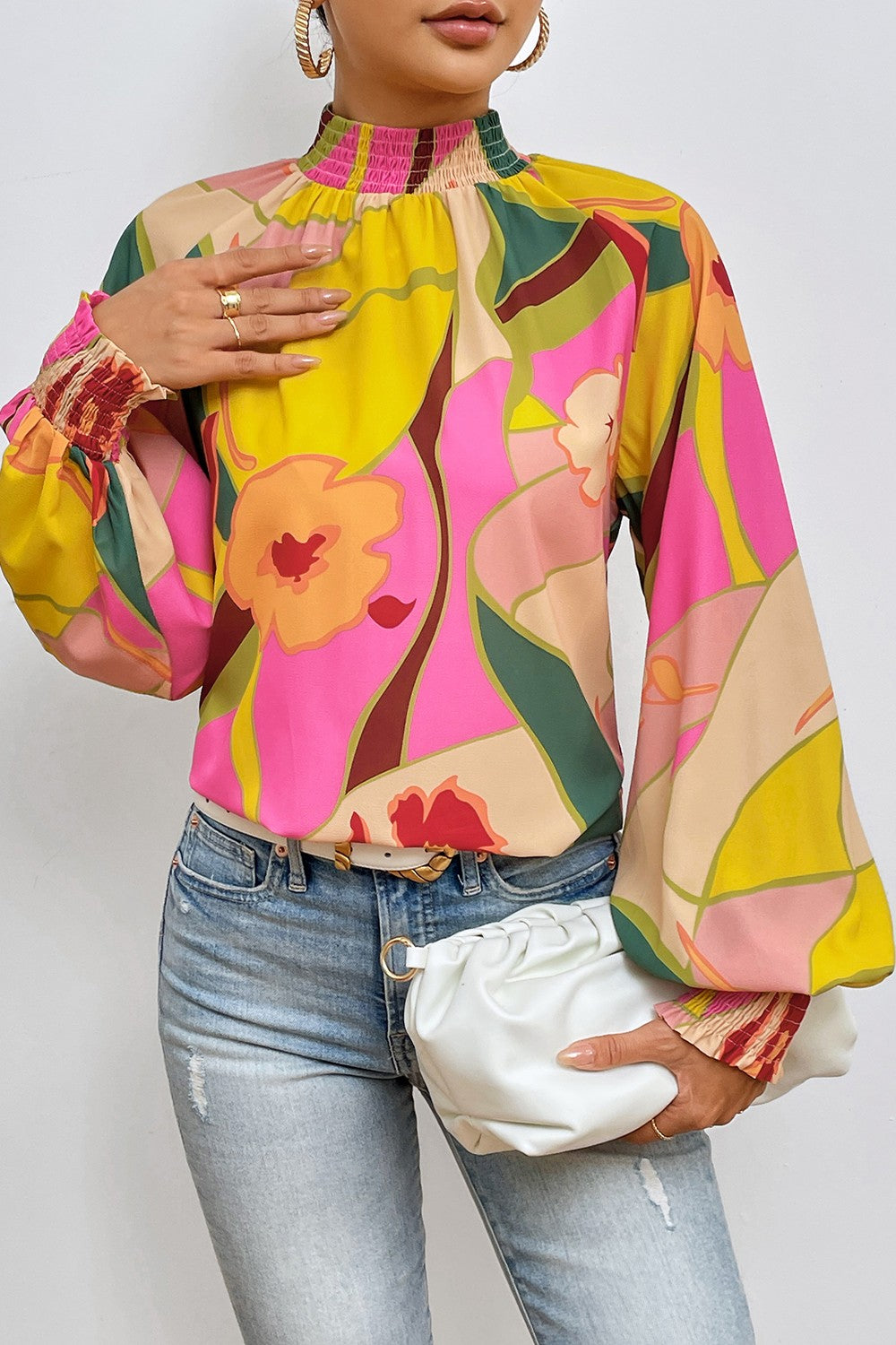 Floral Smocked Lantern Sleeve Mock Neck Blouse - felvior
