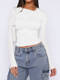 Ruched Asymmetrical Neck Long Sleeve T-Shirt - felvior