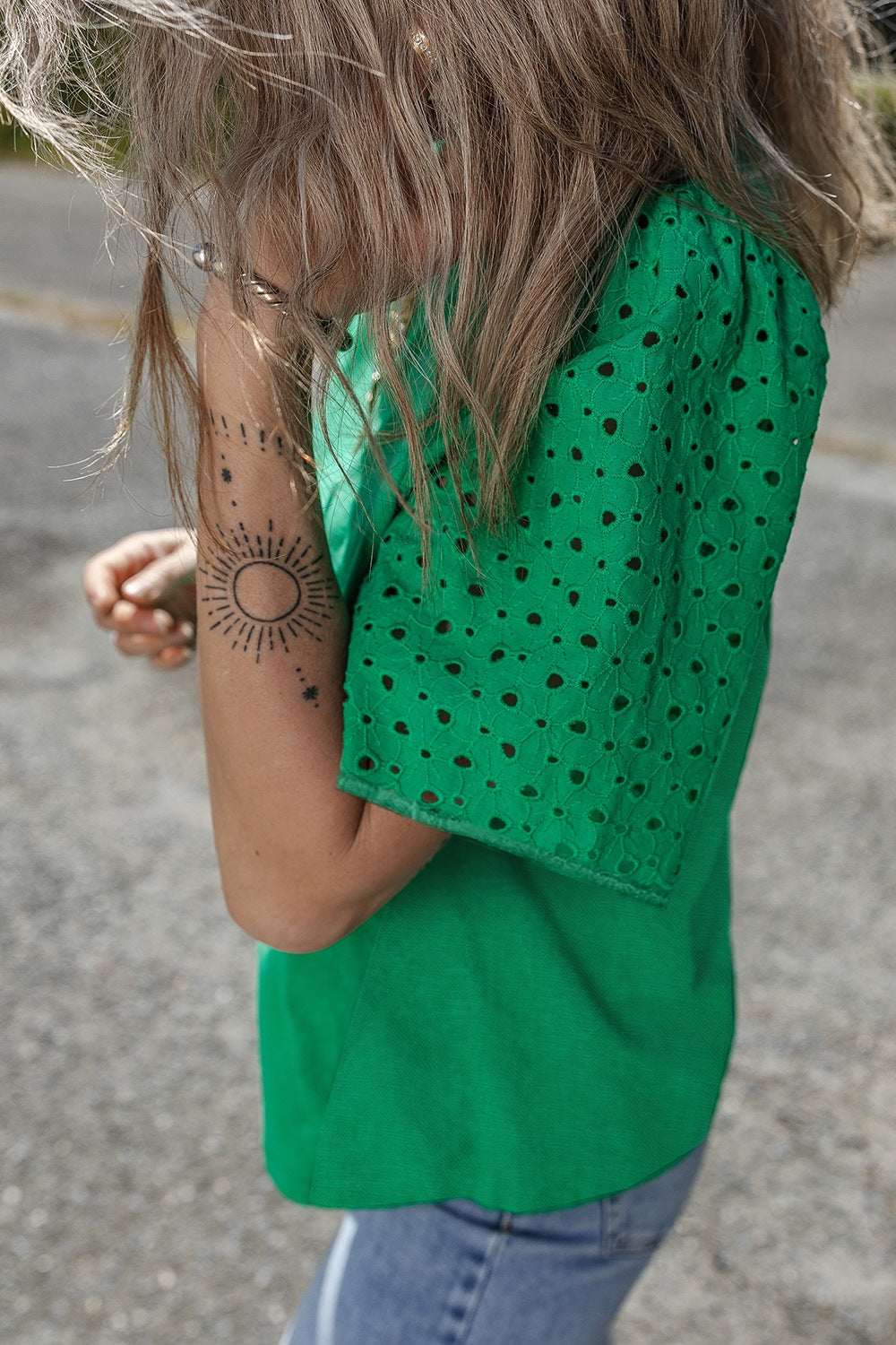 Eyelet Embroidered Patchwork Top - felvior