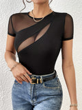 Mesh Patchwork Round Neck Short Sleeve Top - felvior