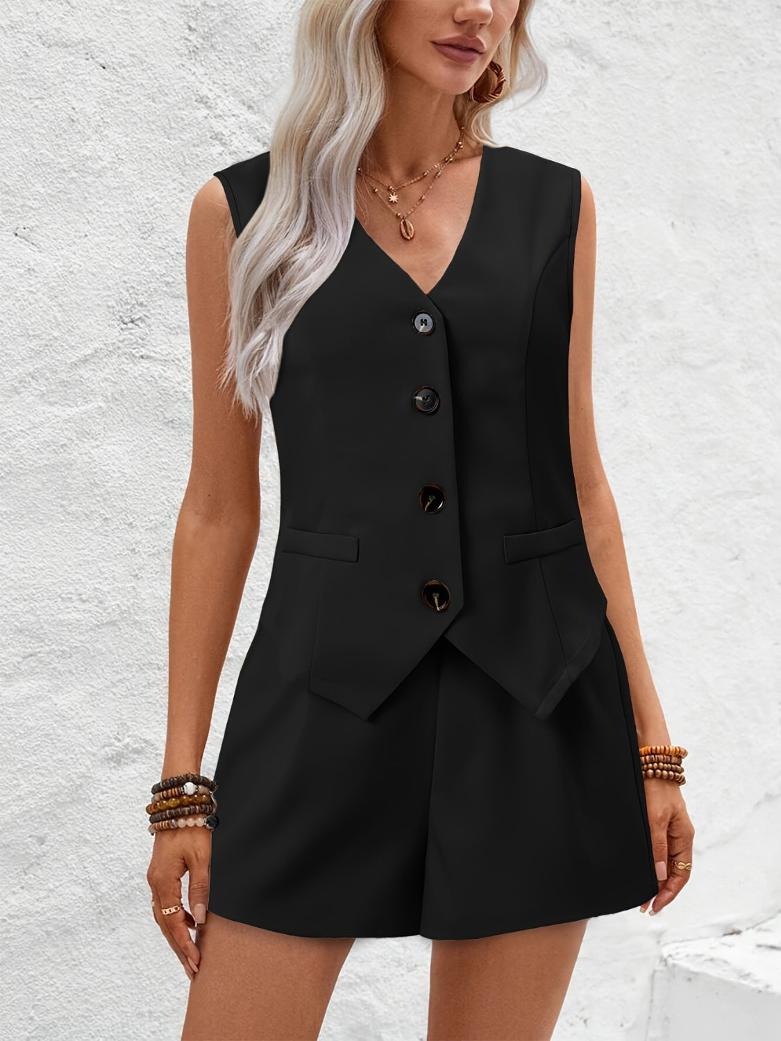 V-Neck Button Down Vest and Shorts Set - felvior