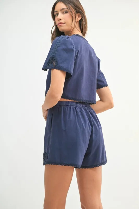 MABLE Crochet Lace Detail Crop Top and Shorts Set - felvior