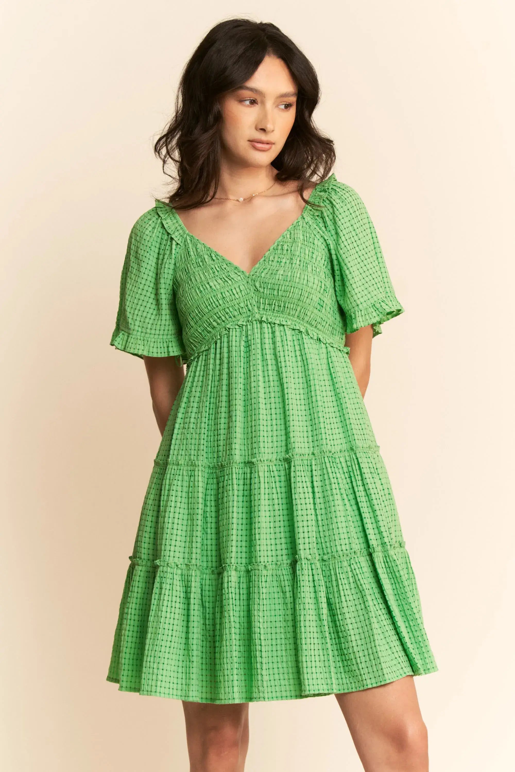 Davi & Dani Jacquard Checker Smocking Tiered Dress