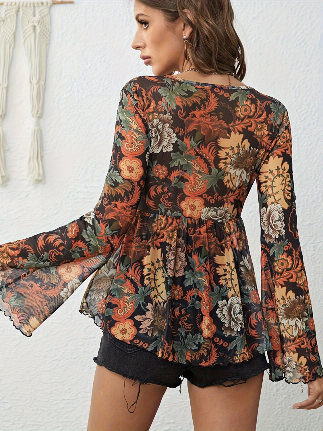 Printed V-Neck Flare Sleeve Top - felvior