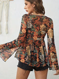 Printed V-Neck Flare Sleeve Top - felvior
