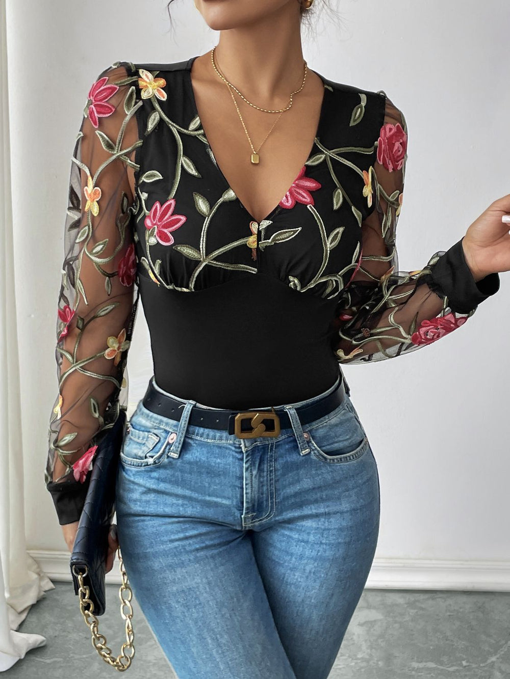 Perfee Embroidered V-Neck Long Sleeve Bodysuit - felvior