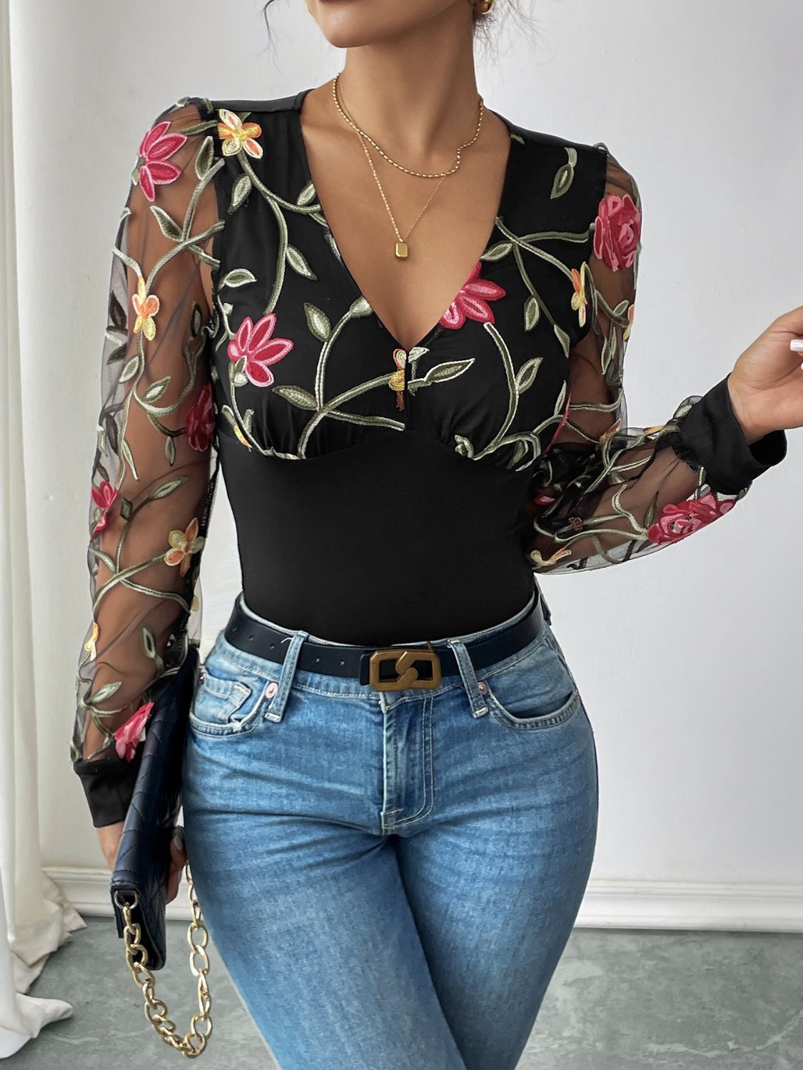 Perfee Embroidered V-Neck Long Sleeve Bodysuit - felvior