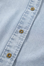 Ruffle Short Puff Sleeve Button Down Denim Shirt