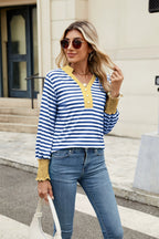 Contrast Striped Notched Long Sleeve Top