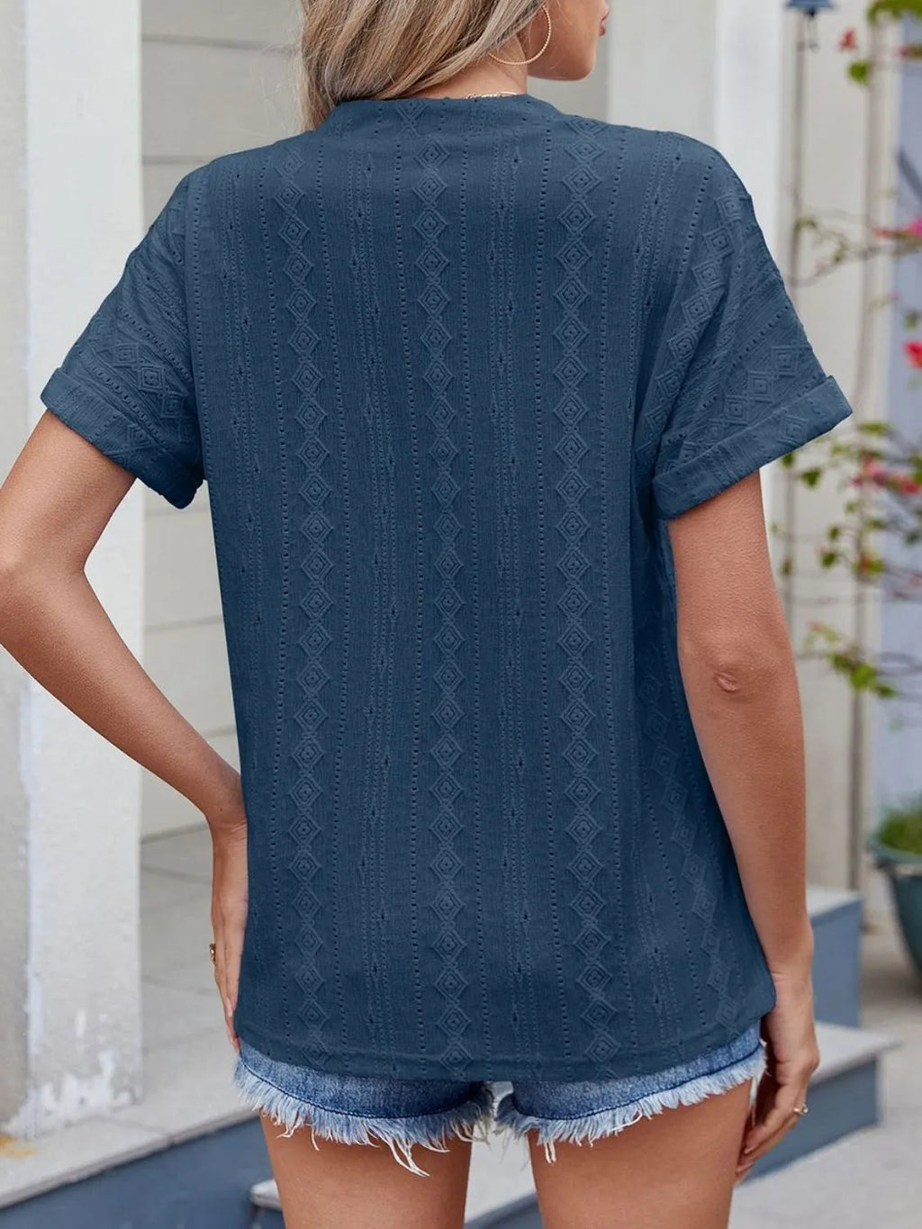 Eyelet Notched Short Sleeve Top