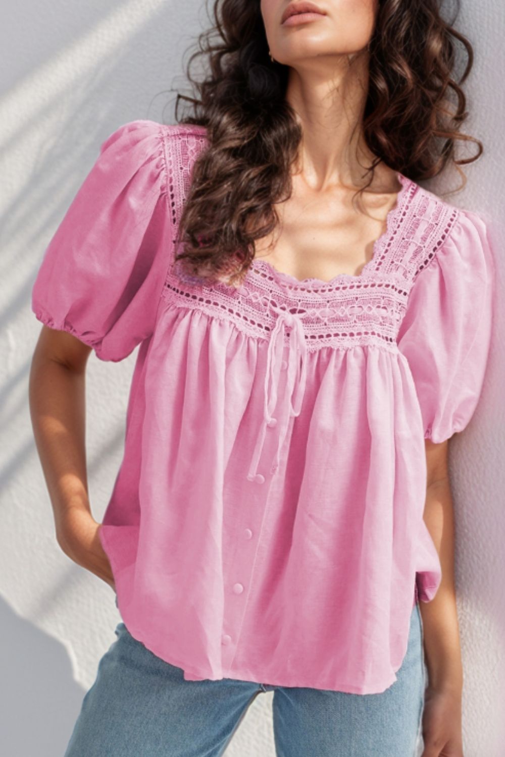 Lace Detail Square Neck Puff Sleeve Blouse Hauptbild