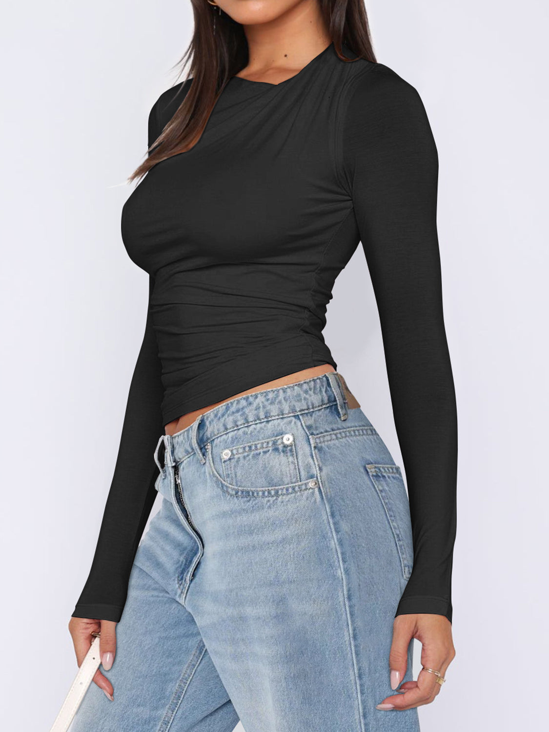 Ruched Asymmetrical Neck Long Sleeve T-Shirt - felvior