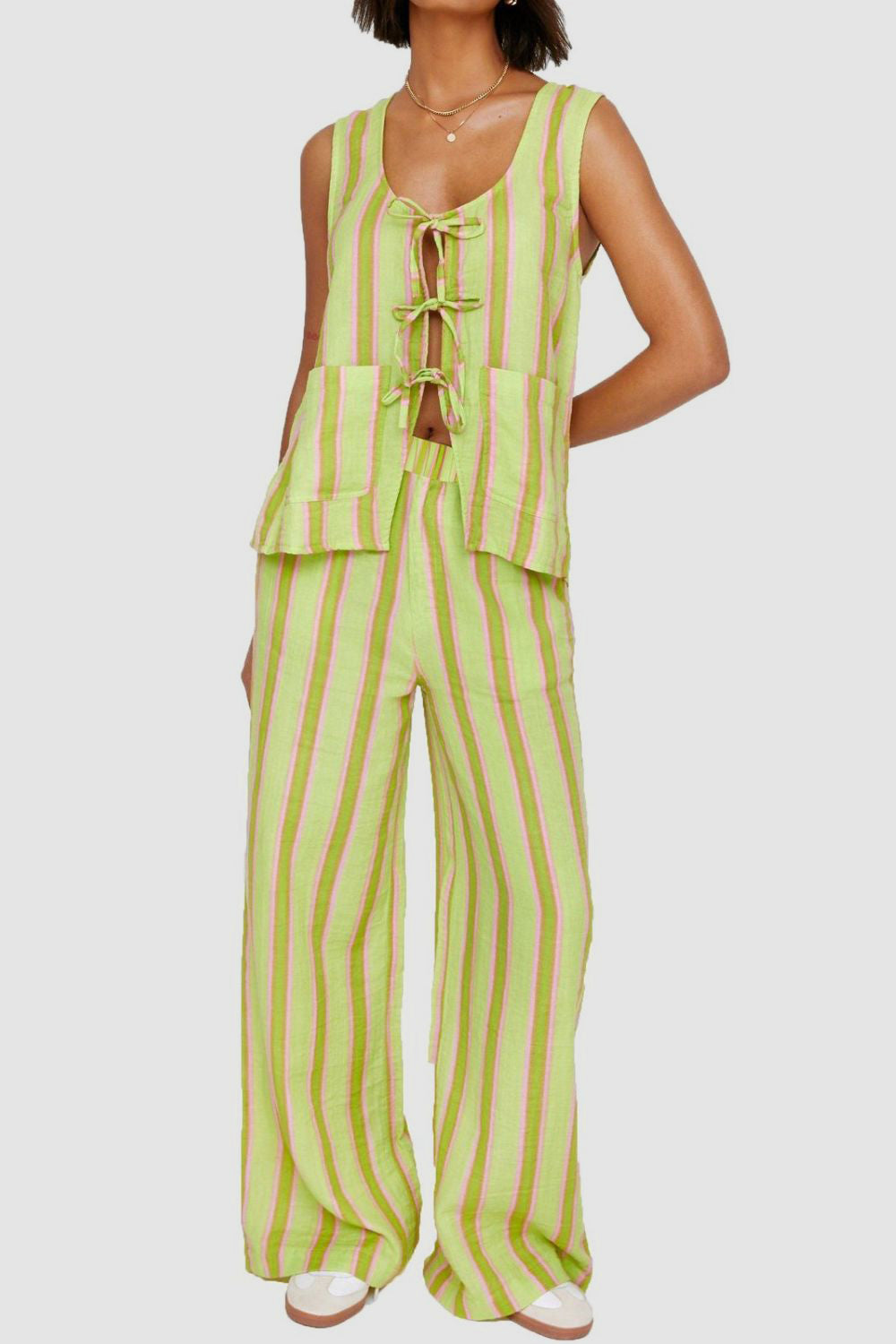 Tied Front Striped Top and Pants Set