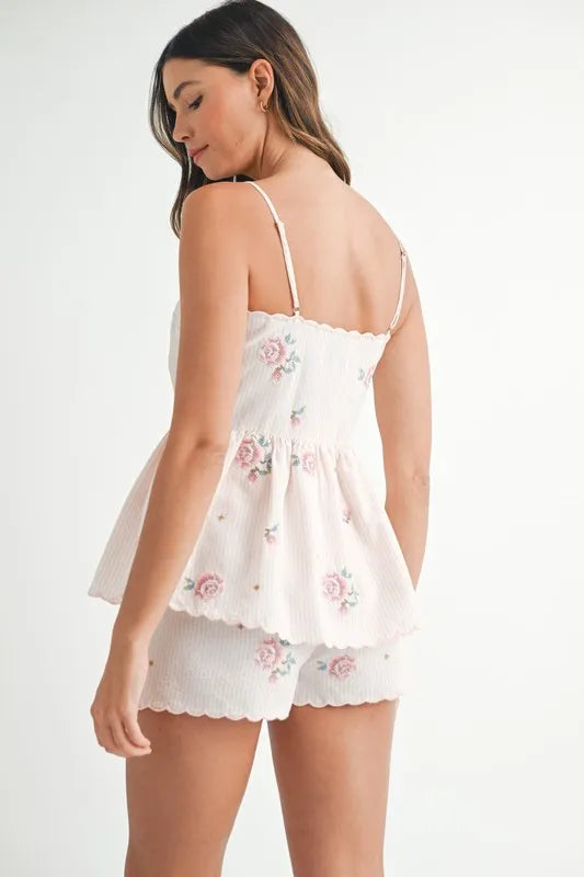 MABLE Stripe Embroidered Peplum Cami and Shorts Set - felvior