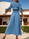 Plunge Button Up Half Sleeve Denim Dress - felvior