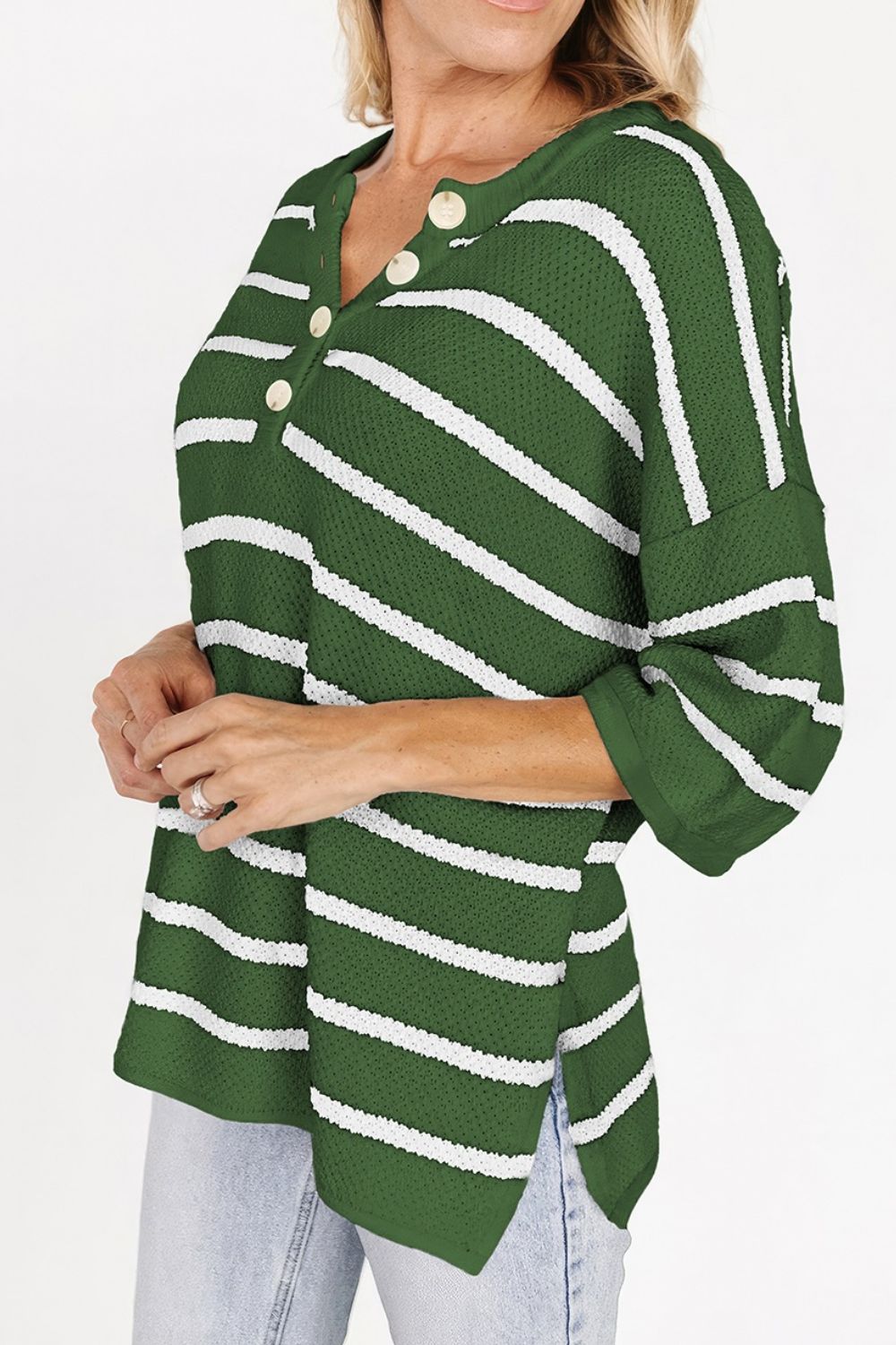 Stripe Drop Shoulder Side Slit Knit Top - felvior