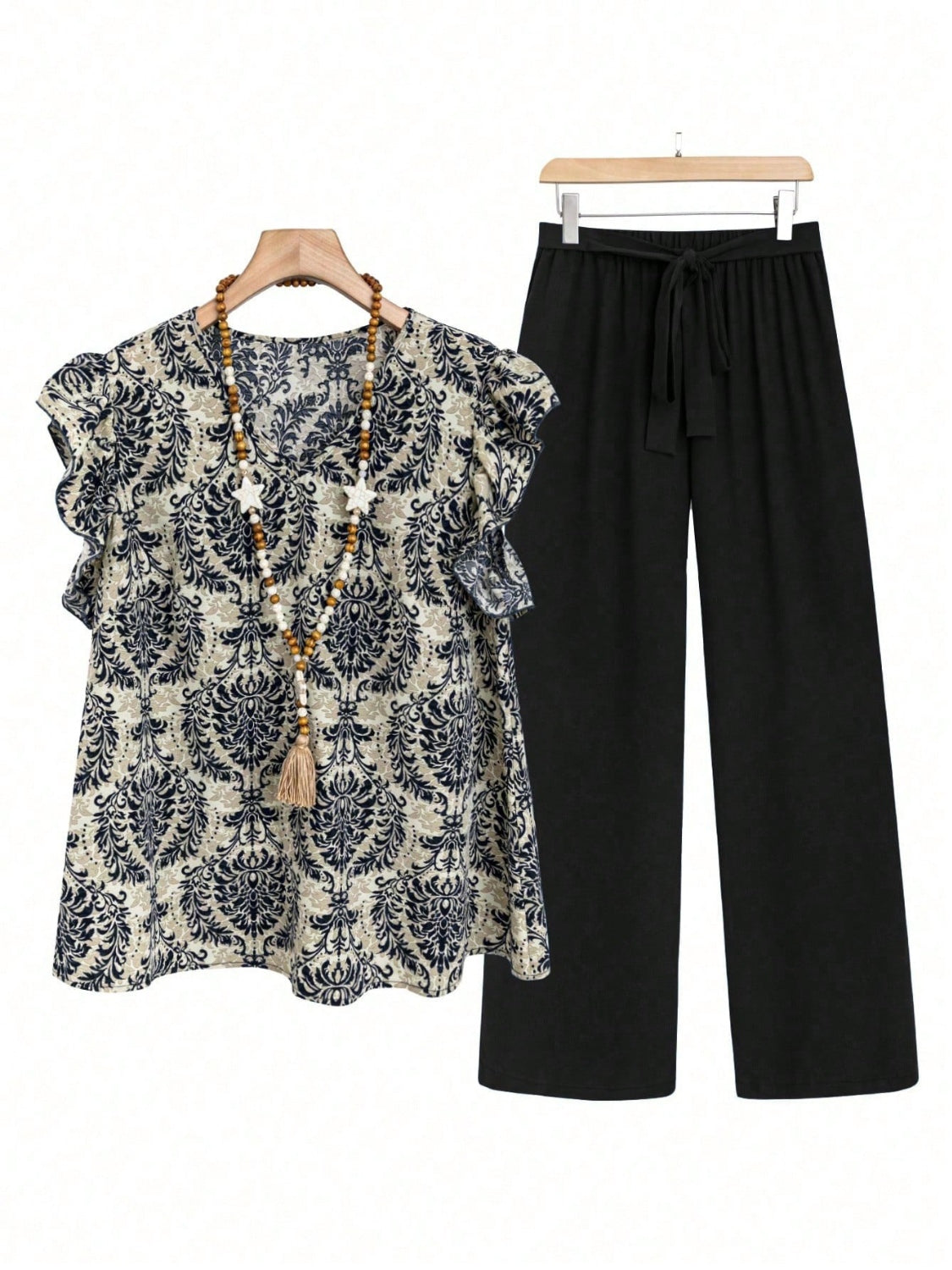 Printed Ruffled Cap Sleeve Top and Pants Set - felvior