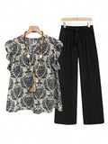 Printed Ruffled Cap Sleeve Top and Pants Set - felvior