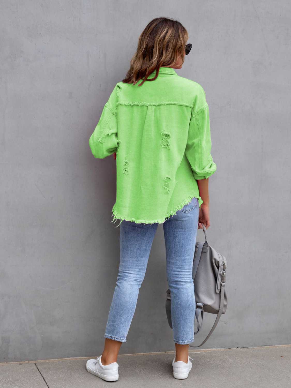 Distressed Drop Shoulder Denim Jacket - felvior