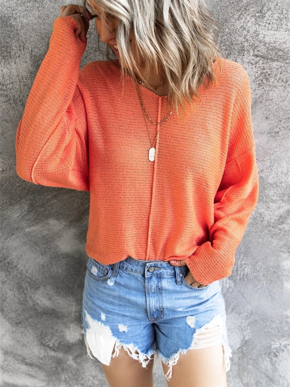 V-Neck Drop Shoulder Knit Top - felvior