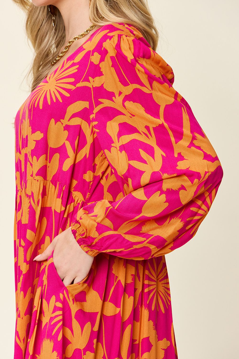 Double Take Full Size Printed Ruffle Hem Dress with Pocket - felvior