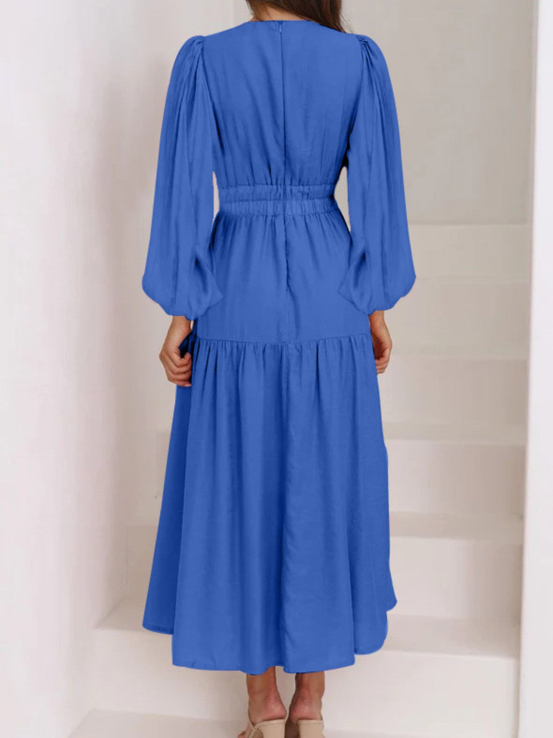 Deep V-Neck Balloon Sleeve Plain Maxi Dress - felvior