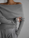 Off-Shoulder Long Sleeve Knit Top - felvior