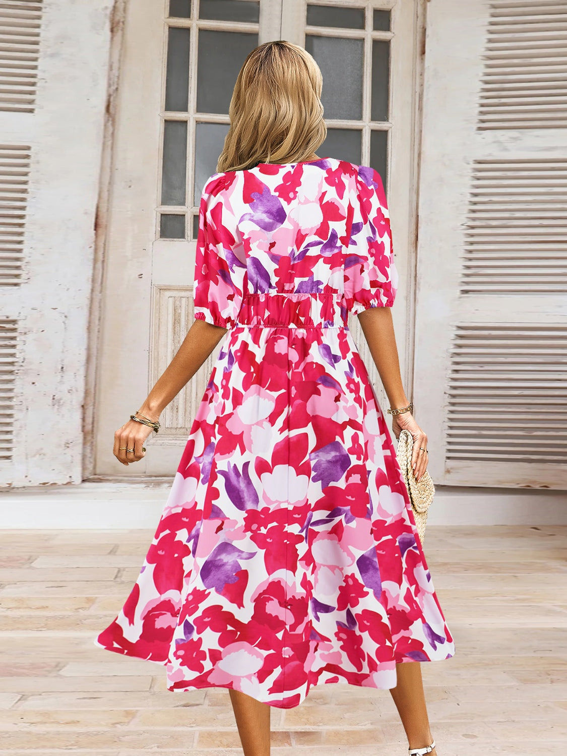 Ruched Printed Surplice Short Sleeve Dress - felvior