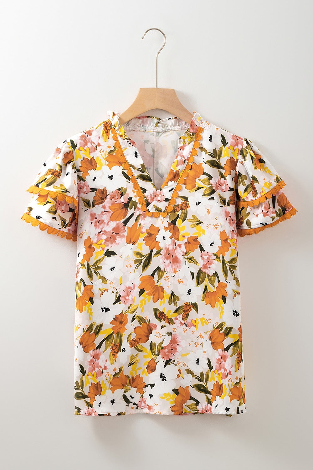 Ruffled Notched Short Sleeve Floral Blouse - felvior
