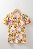 Ruffled Notched Short Sleeve Floral Blouse - felvior
