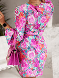 Floral Print Round Neck Long Sleeve Dress - felvior