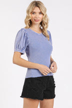 Mittoshop Mineral Wash Puff Sleeve Rib Knit Top