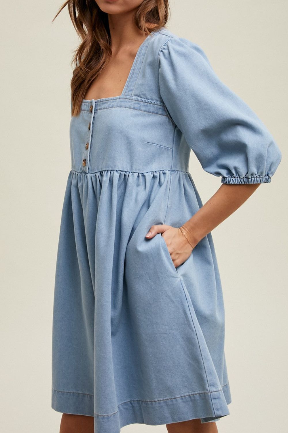 Square Neck Half Sleeve Denim Dress - felvior