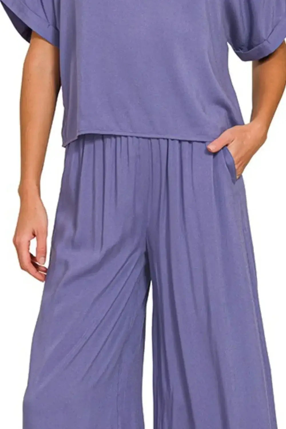 Zenana Round Neck T-Shirt and Wide Leg Pants Set
