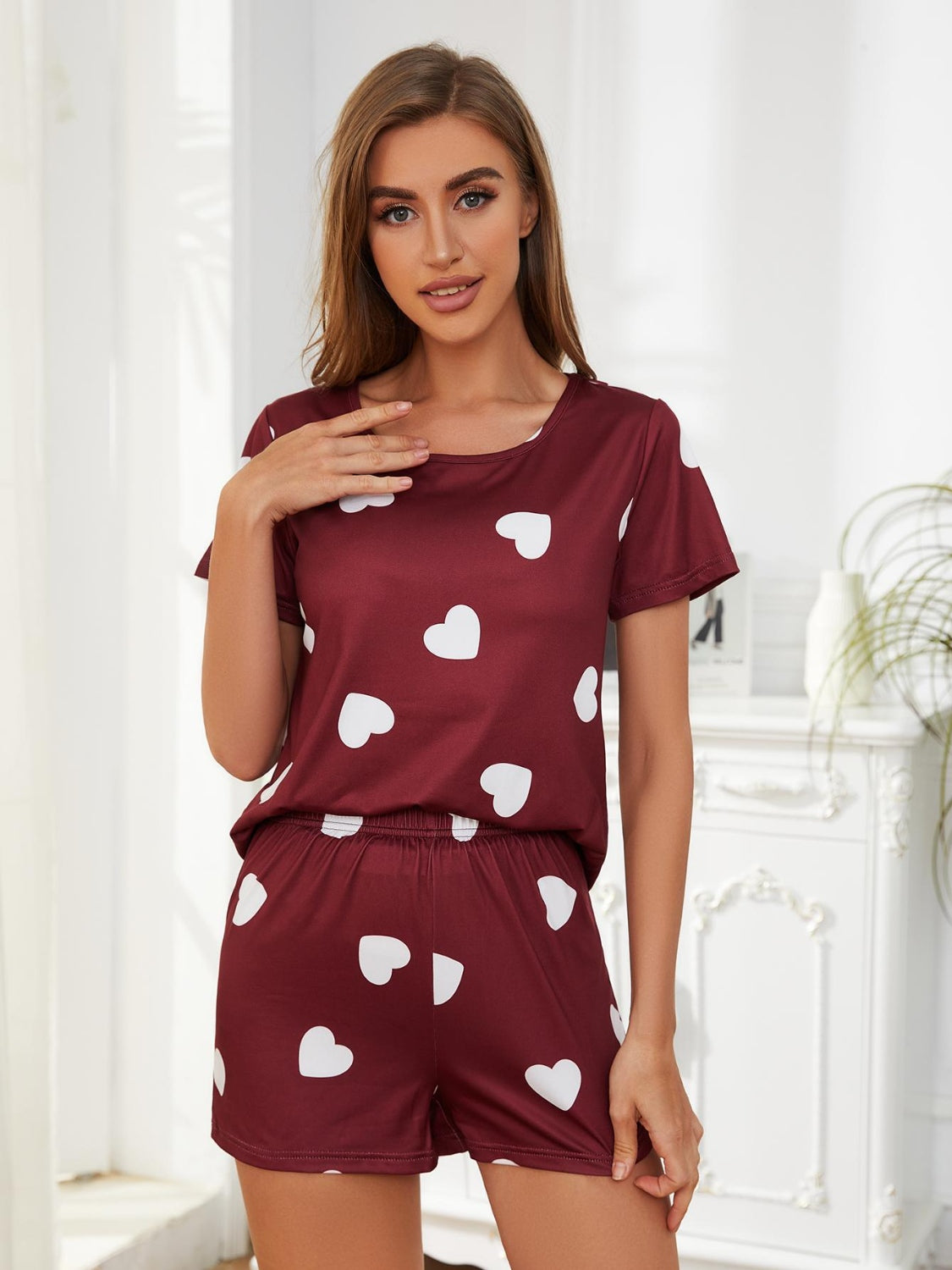 Heart Round Neck Top and Shorts Lounge Set Secondary image
